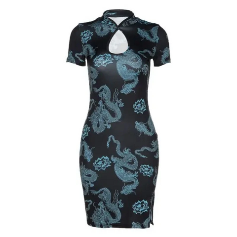Short Sleeve Dragon Print Cheongsam Chinese Dress For Women Dresses