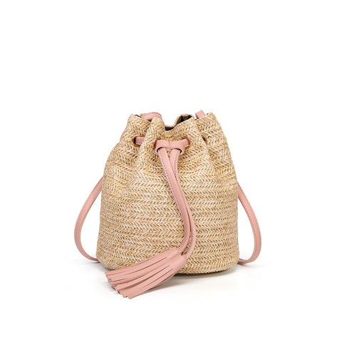 Little Summer Beach Bag Girls Fashion Top Handle Handbag Double Fringed Bucket Messenger Pink Women's Bags & Handbags