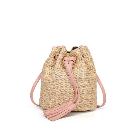 Little Summer Beach Bag Girls Fashion Top Handle Handbag Double Fringed Bucket Messenger Pink