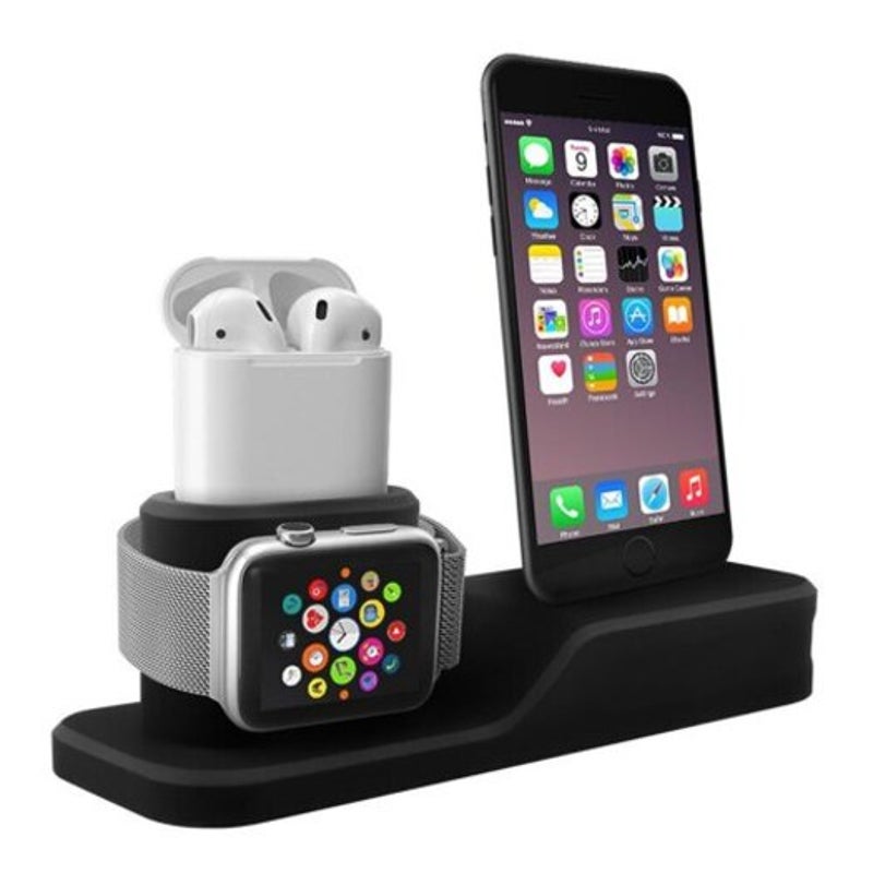 Silicone 3 In 1 Charging Stand Holder Dock For Iphone Apple Watch / Airpods Black Chargers & Docking Stations