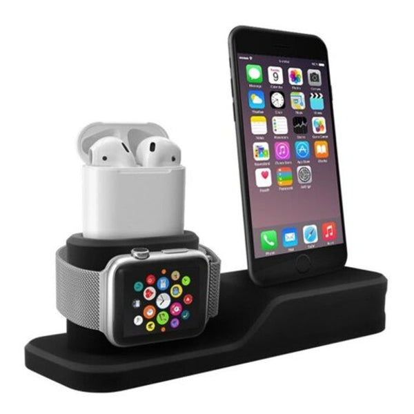 Silicone 3 In 1 Charging Stand Holder Dock For Iphone Apple Watch / Airpods Black Chargers & Docking Stations