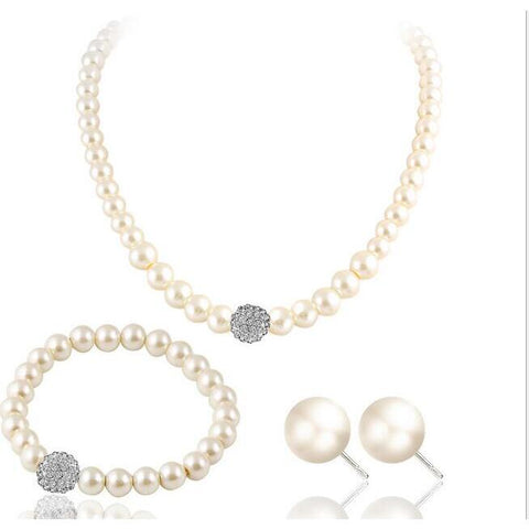 Vintage Simple Faux Pearl Choker Necklace Earrings Bracelet Jewellery Set