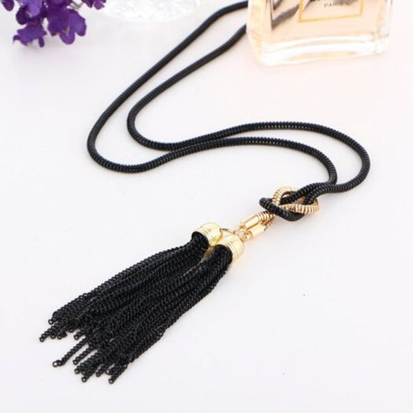 Veile Studios Simple Fashion Fringes Long Necklace Sweater Chain Accessories Black Necklaces & Pendants