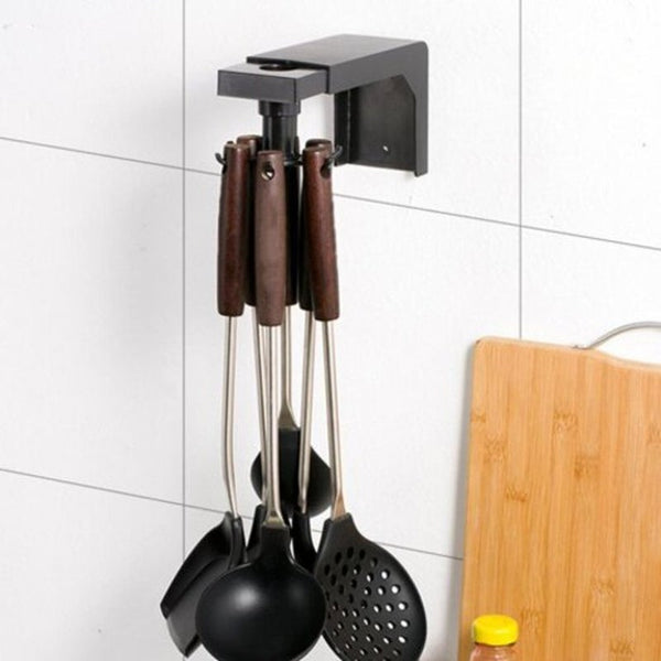 Simple Punch Free Kitchen Storage Hanger Retractable Rotary Wall Rack Black 4 Hooks