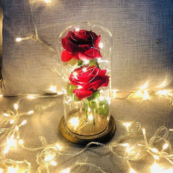 Simulation Hand Rose Flower Glass Cover Led Decoration Light Brown Bear