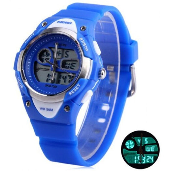Skmei 1055 Dual Time Led Watch Water Resistant Day Date Alarm Children Wristwatch Blue