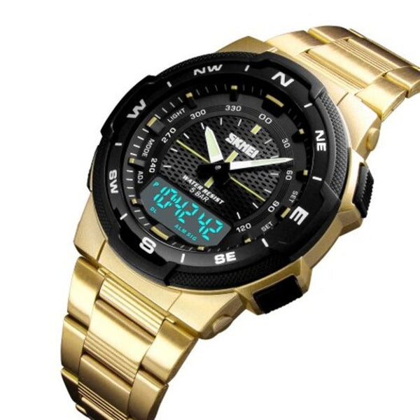 Veile Studios Skmei 1370 Men Digital Stainless Steel 5Atm Waterproof Wrist Sport Gold Watches