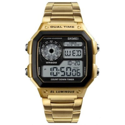 Skmei Men Sportswaterproof Watch Stainless Steel Fashion Digital Wristwatches Gold