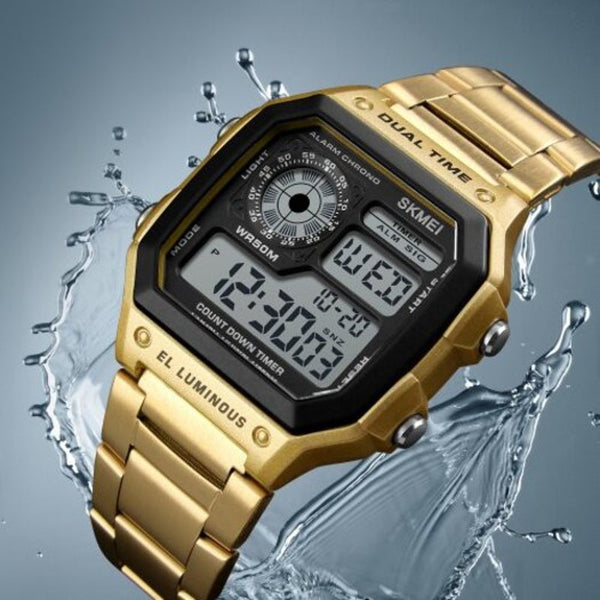 Veile Studios Skmei Men Sportswaterproof Watch Stainless Steel Fashion Digital Wrist Gold Watches