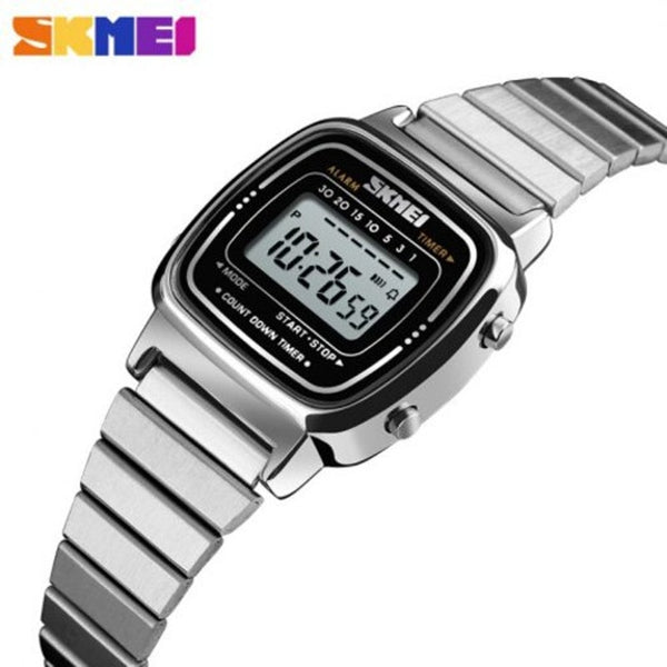 Veile Studios Skmei Women Waterproof Countdown Led Digital Lady Dress Alarm Wrist Watch Silver Watches