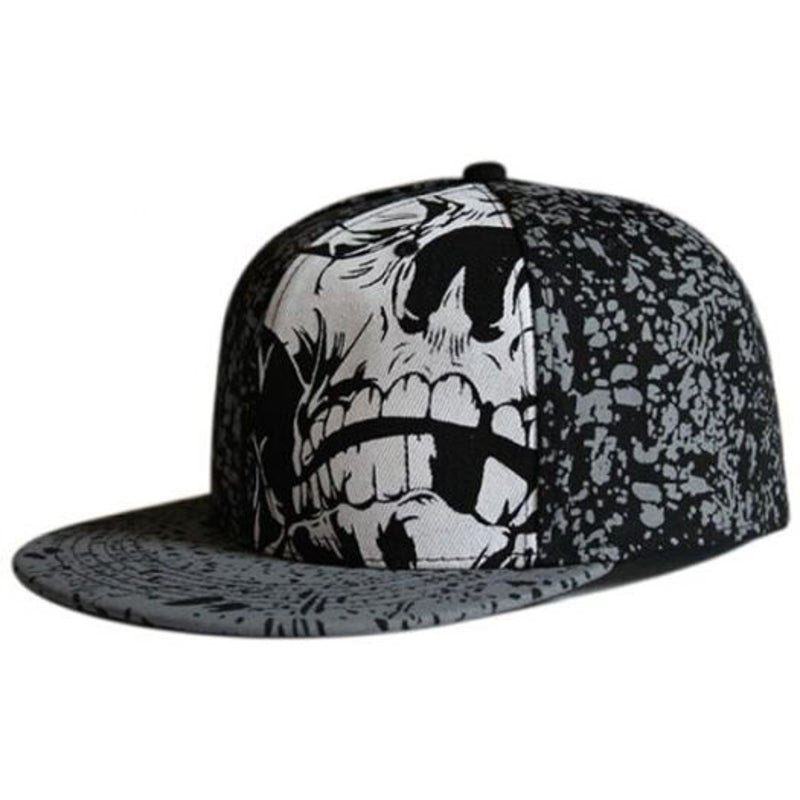 Skull Pattern Spot Printed Flat Brim Hat Black Hats