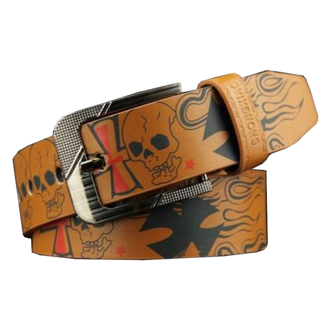 Skull Pattern Men's Belt Punk Style Pin Buckle Waistband Brown Belts