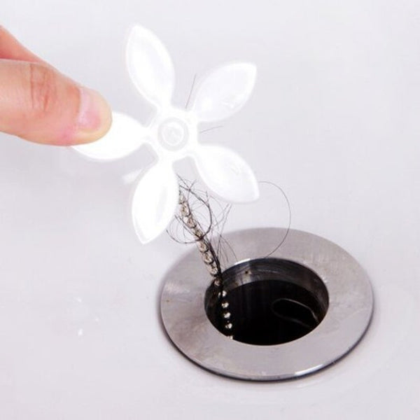 Small Flower Chain Bathroom Sewer Sink Hair Cleaner Cleaning Hook Strip Anti Blocking Device 4Pcs White Drain & Toilet Plungers