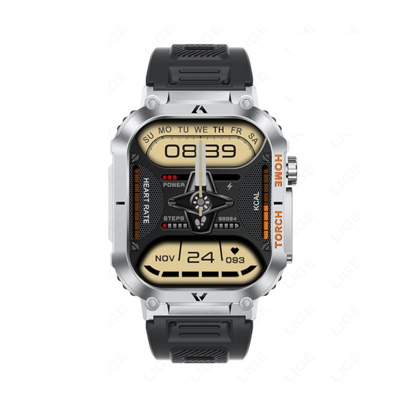 Smartwatch With Flashlight Compass & Wireless Calling Health Fitness Tracker(Black Silicone Silver Case) Smart Watches