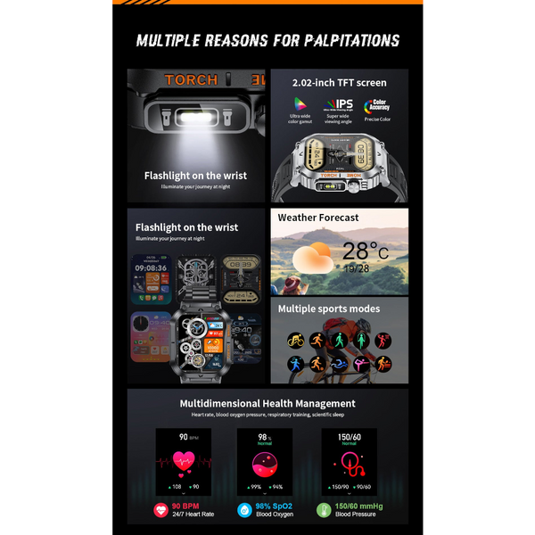 Smartwatch With Flashlight Compass & Wireless Calling Health Fitness Tracker(Black Silicone Silver Case) Smart Watches