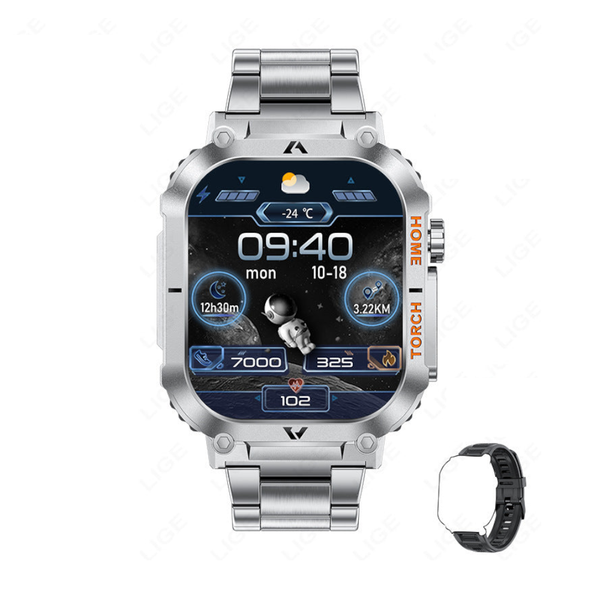 Smartwatch With Flashlight Compass & Wireless Calling Health Fitness Tracker(Silver Case Steel + Black Silicone) Smart Watches