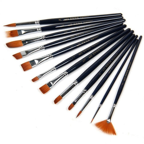 Soft 12 Pcs Black Pro Paint Nylon Hair Painting Brushes Set For Artist Watercolor Oil Acrylic