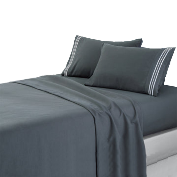 Soft Microfibre Embroidered Stripe Sheet Set King Single Charcoal Pillowcase White Sheets