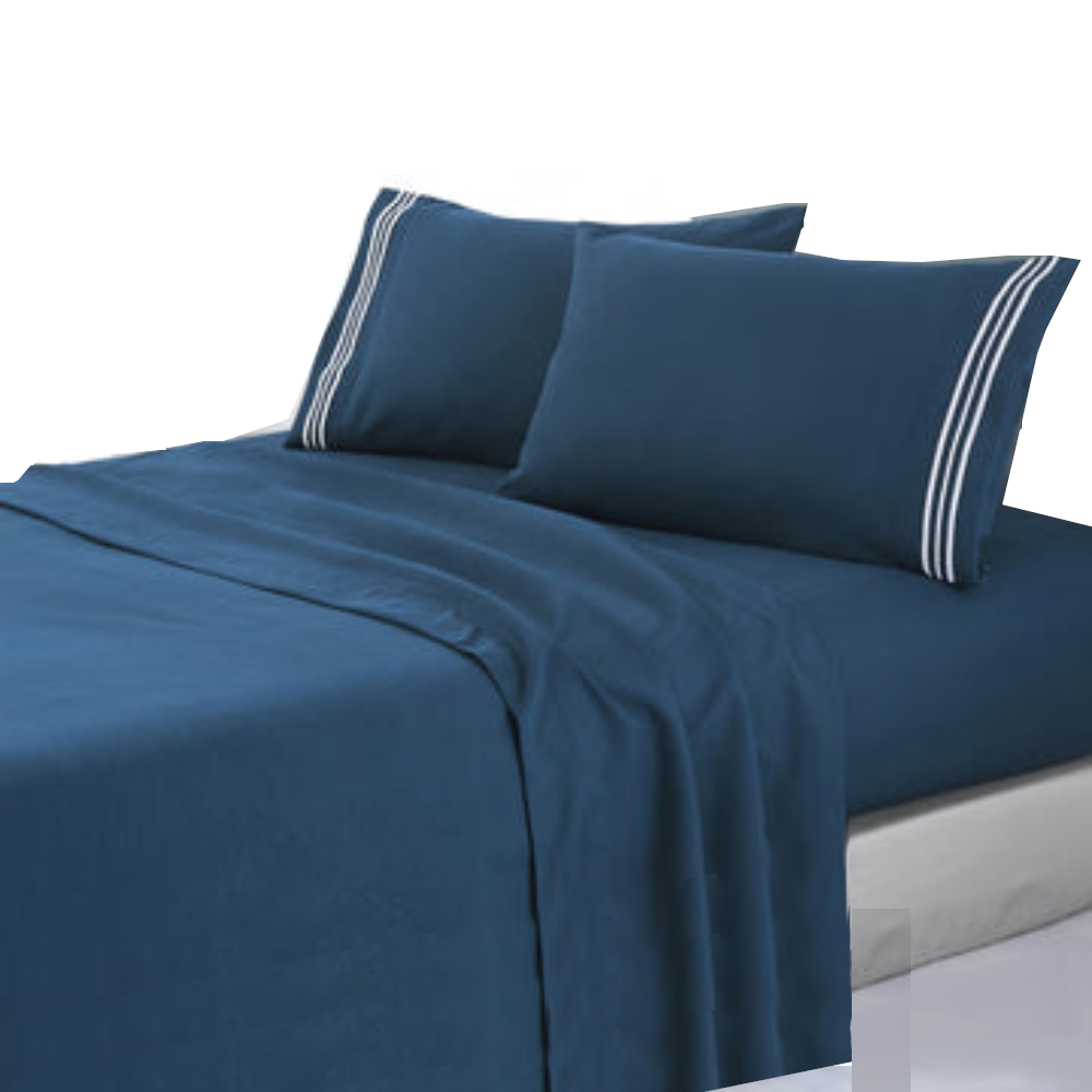 Soft Microfibre Embroidered Stripe Sheet Set King Single Sailor Blue Pillowcase White Sheets