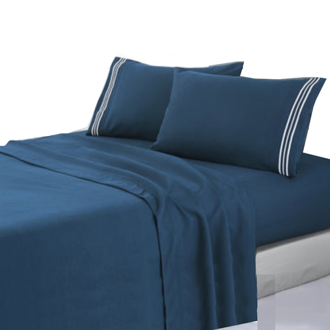 Soft Microfibre Embroidered Stripe Sheet Set Single Sailor Blue Pillowcase White Sheets