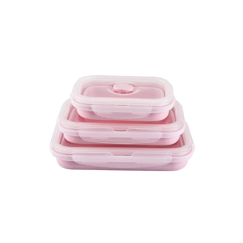 Square Silicone Folding Lunch Box Storage Sets Pink Lunchboxes