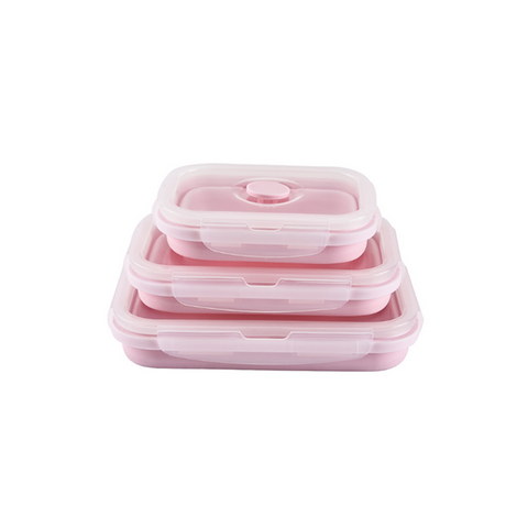 Square Silicone Folding Lunch Box Storage Sets Pink Lunchboxes