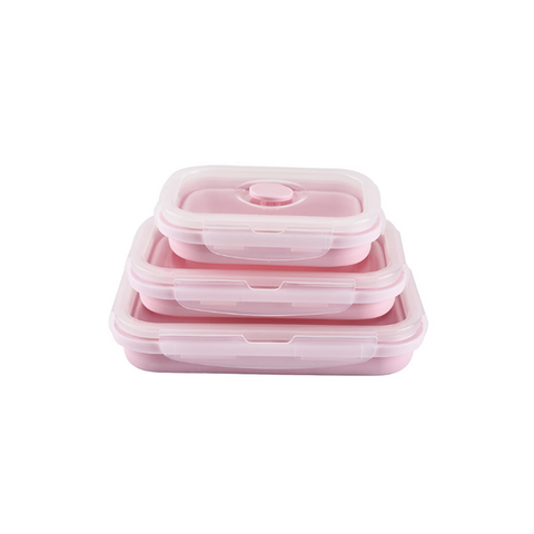 Square Silicone Folding Lunch Box Storage Sets Pink