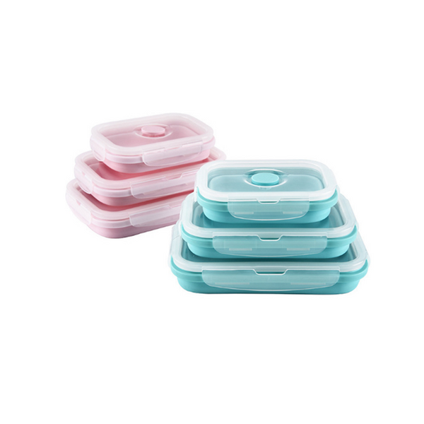 Square Silicone Folding Lunch Box Storage Sets Pink Lunchboxes