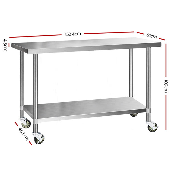 Cefito 304 Stainless Steel Kitchen Benches Work Food Prep Table With Wheels 1524Mm X 610Mm Kitchen Carts