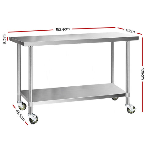 Cefito 304 Stainless Steel Kitchen Benches Work Food Prep Table With Wheels 1524Mm X 610Mm