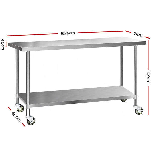 Cefito 304 Stainless Steel Kitchen Benches Work Food Prep Table With Wheels 1829Mm X 610Mm Kitchen Carts