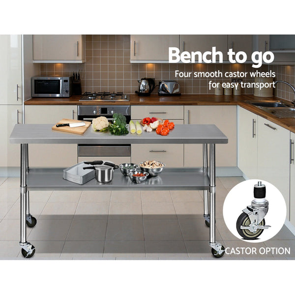 Cefito 304 Stainless Steel Kitchen Benches Work Food Prep Table With Wheels 1829Mm X 610Mm Kitchen Carts