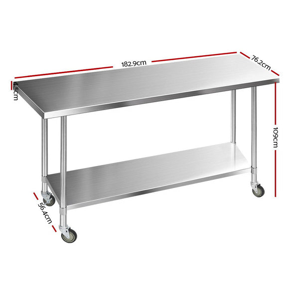 Cefito 1829 X 762Mm Commercial Stainless Steel Kitchen Bench With 4Pcs Castor Wheels Kitchen Benchtops