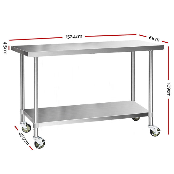 Cefito 430 Stainless Steel Kitchen Benches Work Food Prep Table With Wheels 1524Mm X 610Mm