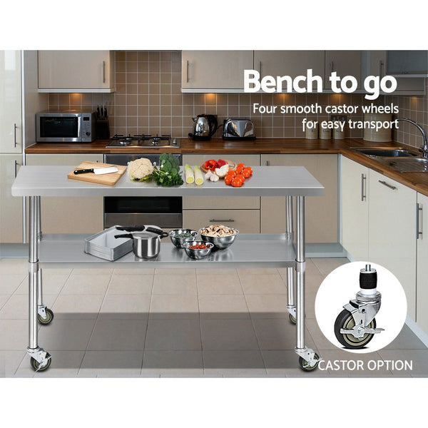 Cefito 430 Stainless Steel Kitchen Benches Work Food Prep Table With Wheels 1524Mm X 610Mm Kitchen Carts