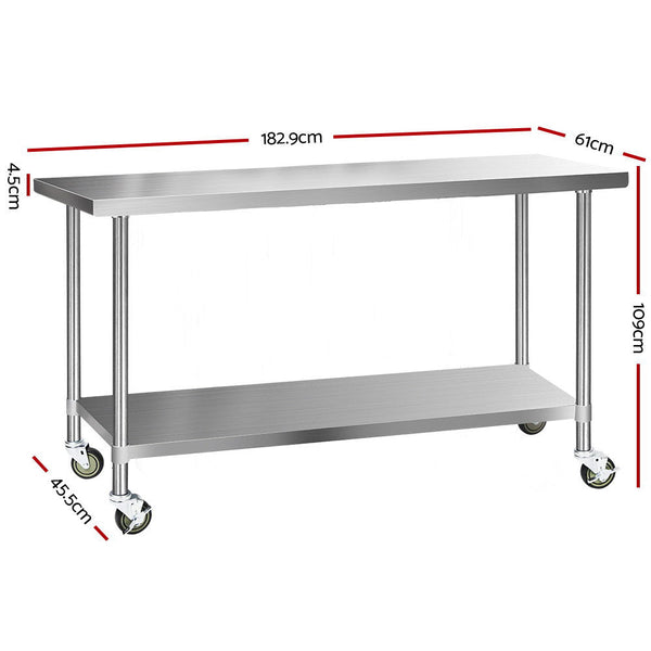 Cefito 430 Stainless Steel Kitchen Benches Work Food Prep Table With Wheels 1829Mm X 610Mm