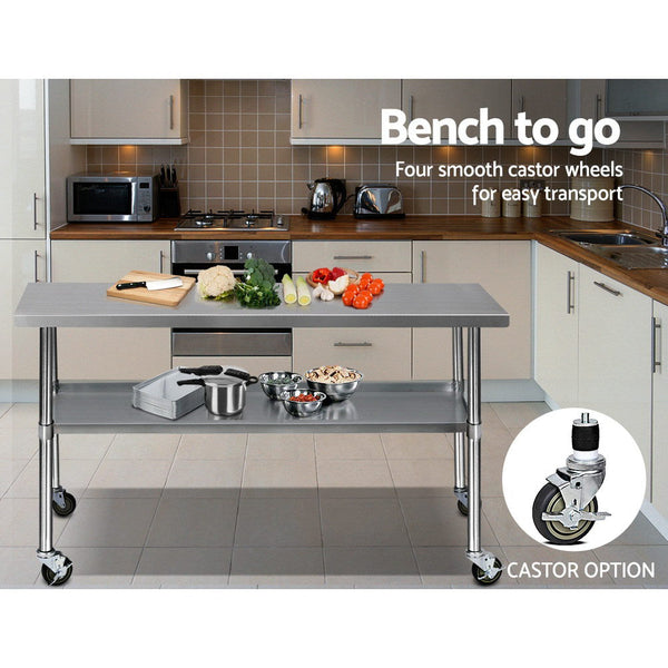 Cefito 430 Stainless Steel Kitchen Benches Work Food Prep Table With Wheels 1829Mm X 610Mm