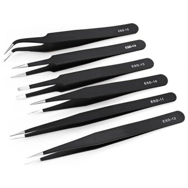 Stainless Steel Anti Static 6Pcs Black Tweezers