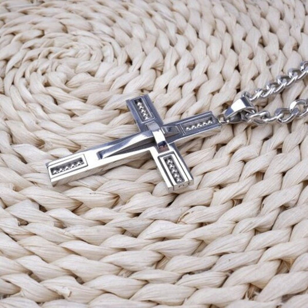 Stainless Steel Beaded Cross Men Pendant Necklace Silver 1Pc