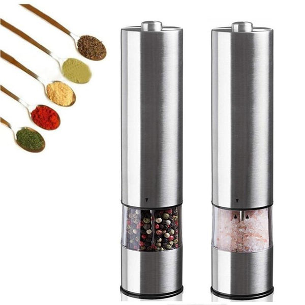 Salt & Pepper Set Of Two Stainless Steel Electric Pepper And Salt Spice Grinder