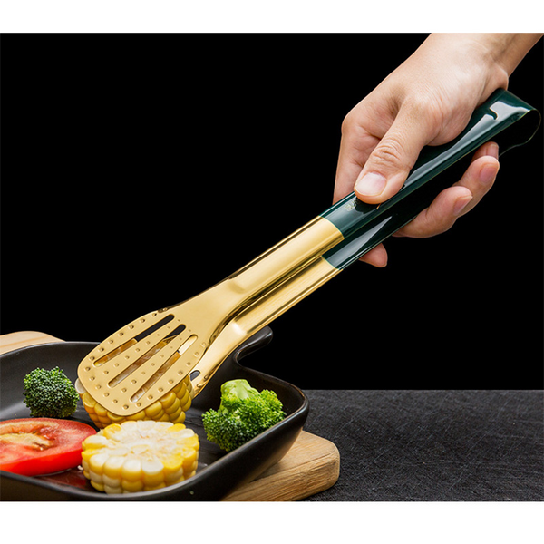 Stainless Steel Bbq Tongs With Coloured Handle Salad Meat Grilling Clip Gold Green
