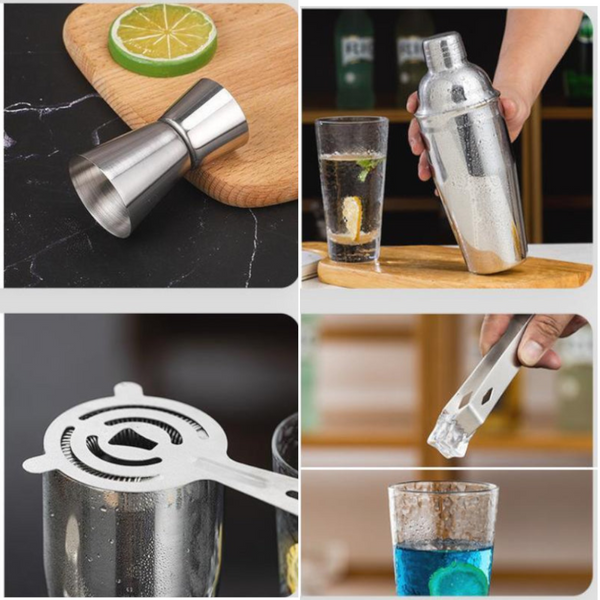 Elosung 350Ml 7 Piece Stainless Steel tail Shaker Set With Bamboo Stand Bartender Kit tail Shakers & Sets