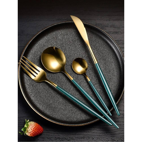 Stainless Steel Cutlery Set With Portuguese Gold Spray Painted Steak Knife Fork Spoon And Tea 4 Piece Gift Pack Cutlery Sets