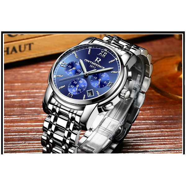 Veile Studios Stainless Steel Quartz Wrist Watch Men's Waterproof Analog Date Blue Silver Watches