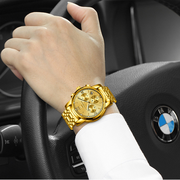 Veile Studios Stainless Steel Quartz Wrist Watch Men's Waterproof Analog Date Gold Watches