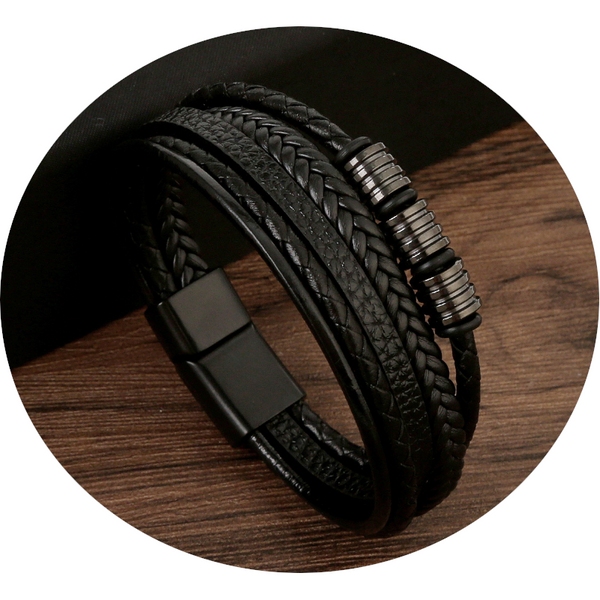 Veile Studios Mens Leather Magnetic Buckle Woven Bracelet Electroplating Black Bracelets