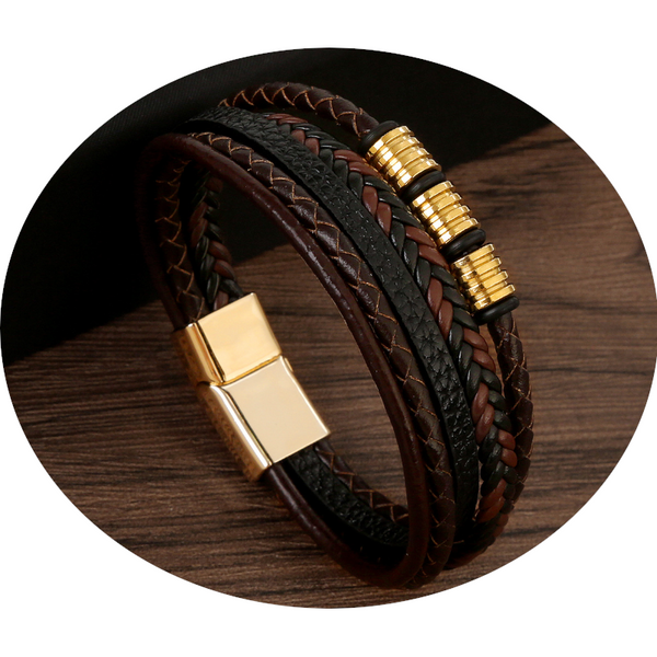 Veile Studios Mens Leather Magnetic Buckle Woven Bracelet Electroplating Black Bracelets