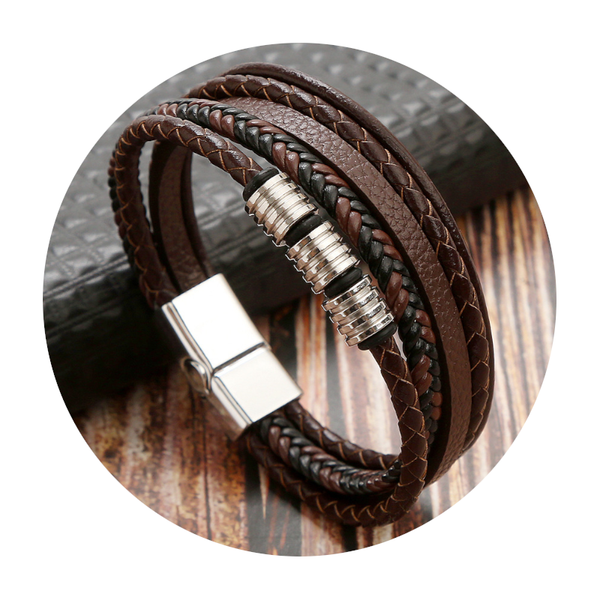 Veile Studios Mens Leather Magnetic Buckle Woven Bracelet Electroplating Black Bracelets