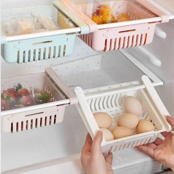 Stretching Fridge Drawer Refrigerator Shelves Storage Organizer Box Blue Racks & Holders