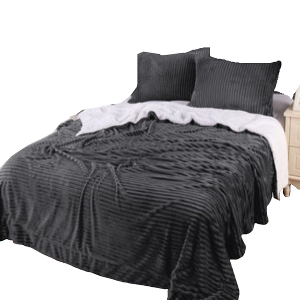 Stripe Flannel Sherpa Blanket Queen Charcoal Blankets